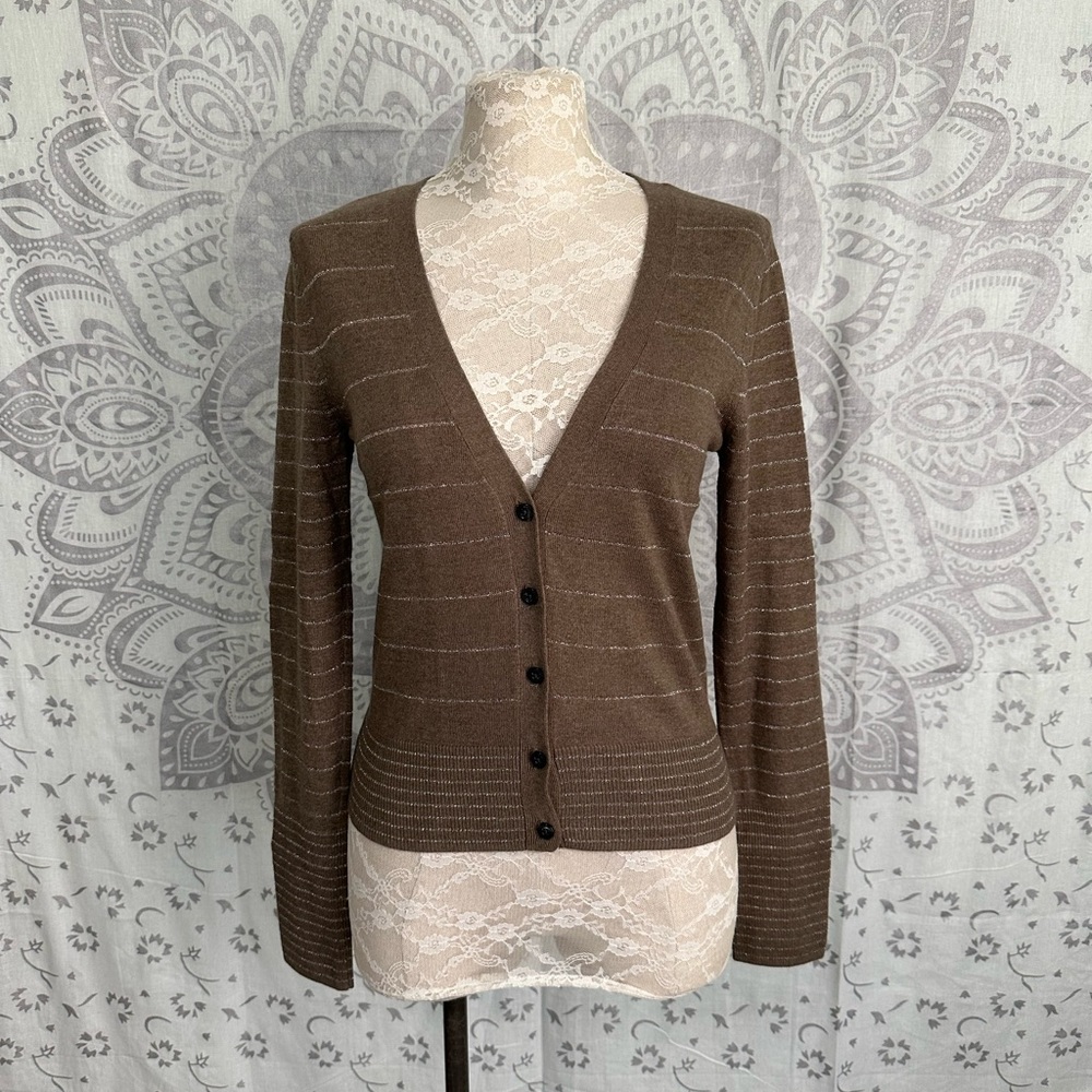 Nwt $54 American Eagle 2009 Brown Silver Stripe Sweater Top Cardigan Varsity M